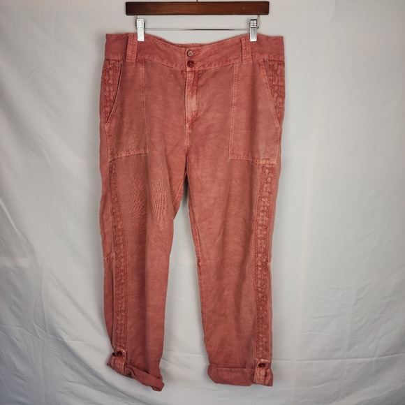 Sundance Pants - Sundance Linen Blend Lace Sides Red Cuffed Pants Women's Size 14